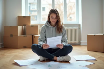 Jeune femme remplissant un dossier APL dans un appartement vide lors d'un emménagement, entourée de cartons