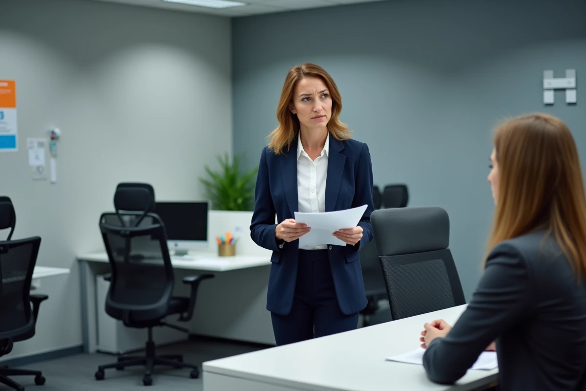 Femme en démarche administrative dans une agence France Travail pour signaler un retard de paiement allocation chômage