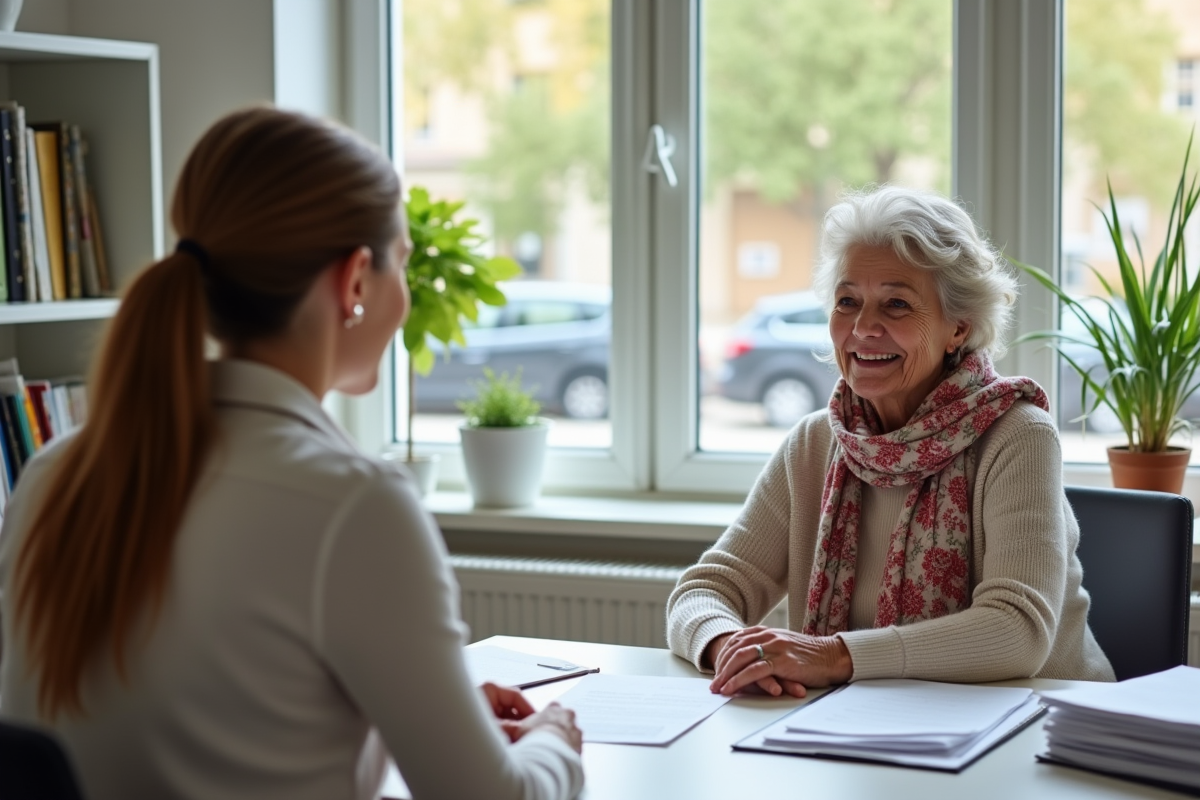 Femme retraitée discutant avec une assistante sociale dans un bureau