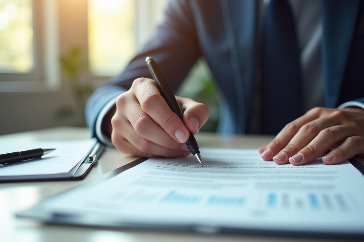 Adultes tenant des documents officiels sur un bureau moderne
