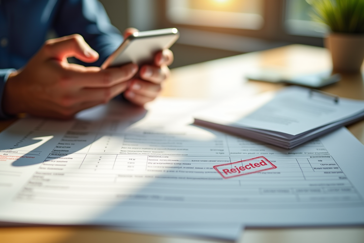 Dossiers financiers avec un refus de pret et une personne utilisant un smartphone