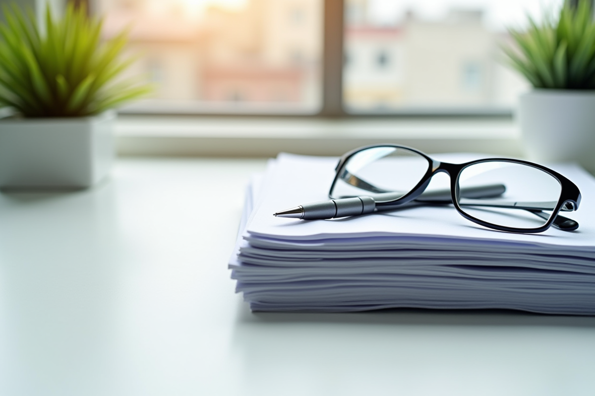 Dossiers empiles avec stylo et lunettes sur un bureau lumineux