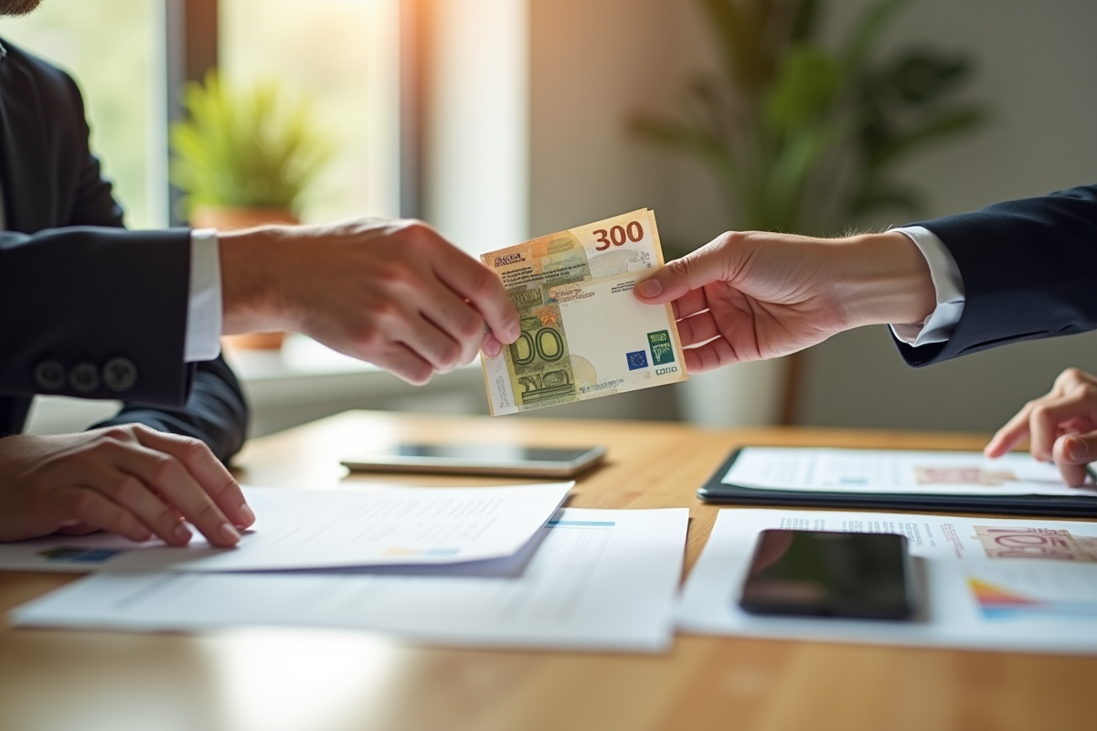 Main échangeant un enveloppe avec billets d euro sur bureau moderne