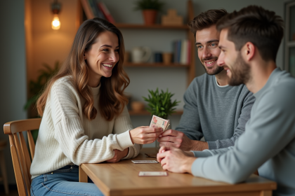 Femme souriante donnant un billet à un jeune homme dans une cuisine chaleureuse
