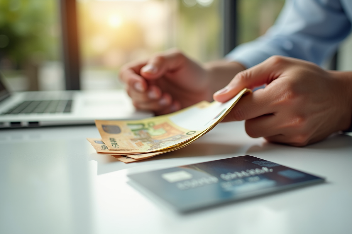 Main passant des billets euros sur un bureau lumineux