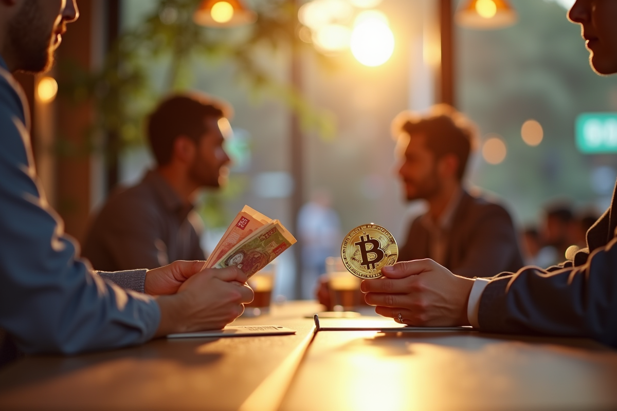 Deux personnes discutent avec des monnaies traditionnelles et Bitcoin