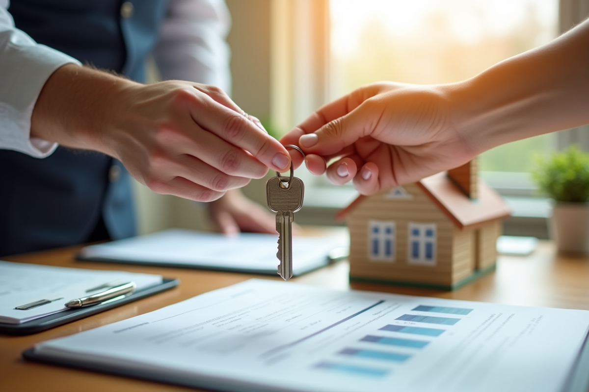 Main échangeant des clés de maison sur une table avec documents