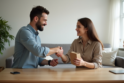Deux adultes souriants échangent un petit colis dans un salon lumineux