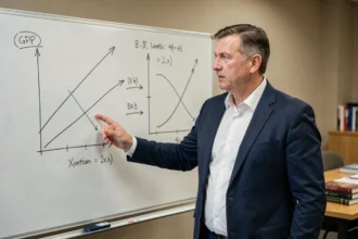 Économiste devant un tableau blanc avec des graphiques keynésiens dans une salle de séminaire universitaire
