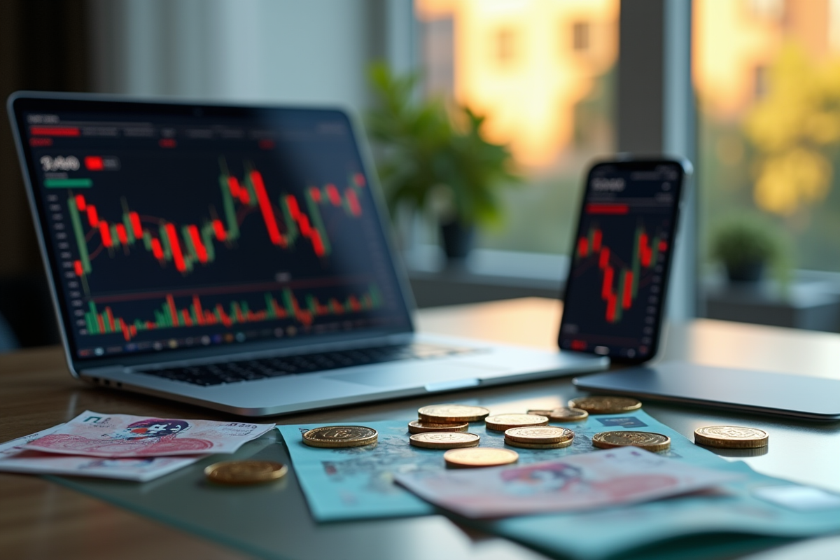 Gros plan sur un bureau avec ordinateur et smartphone crypto