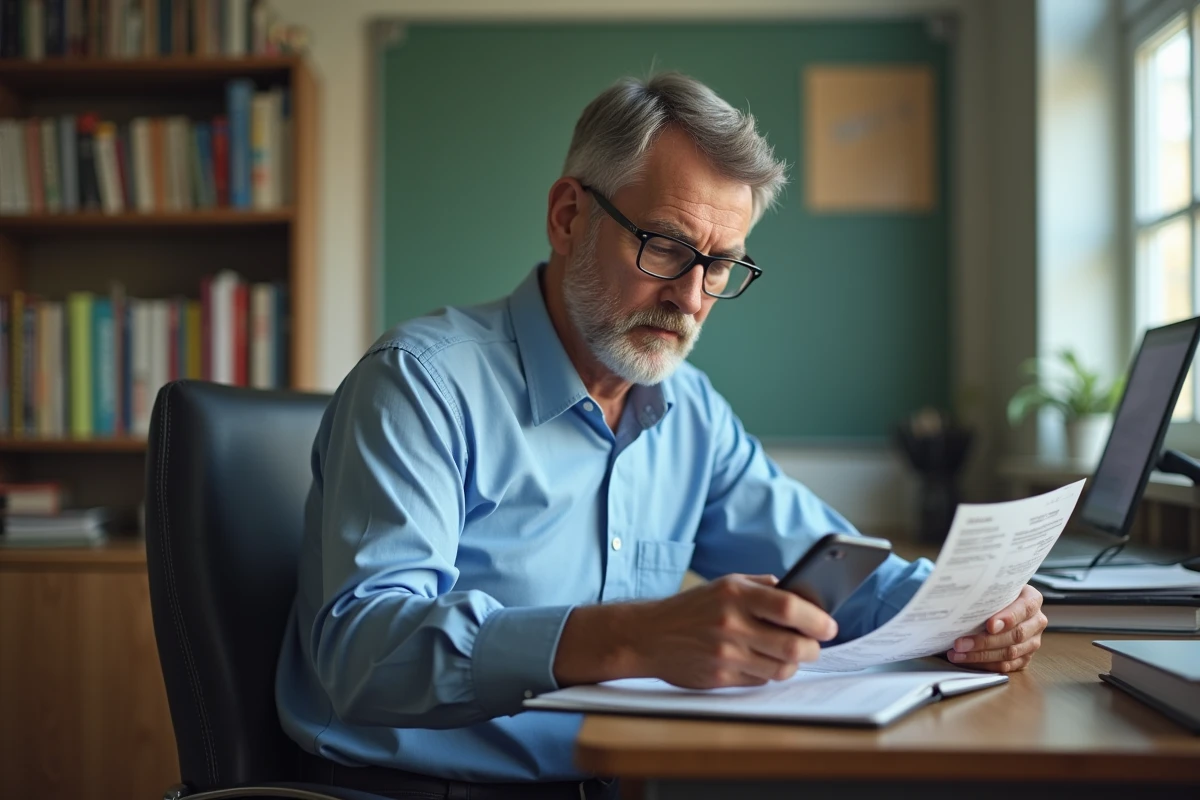 Professeur homme en classe avec paystub et smartphone