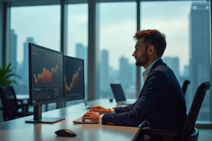 Entrepreneur fintech analysant des graphiques financiers dans un bureau moderne avec vue sur la ville