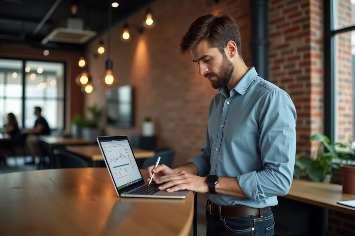 Jeune entrepreneur utilisant un logiciel de planification financière dans un espace de coworking pour financer son projet professionnel