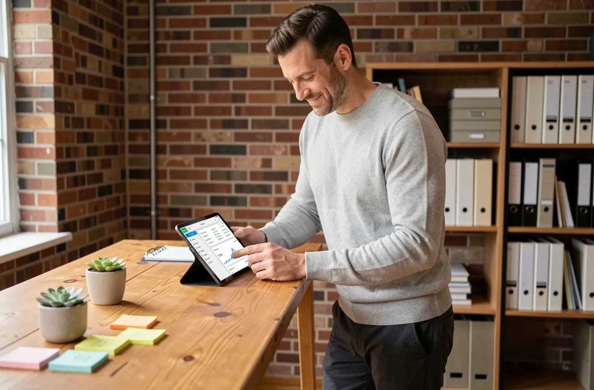 Entrepreneur consultant son tableau de bord bancaire CIC Pro sur une tablette dans un bureau à domicile