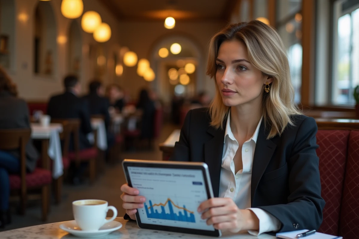 Femme entrepreneur analysant les prix de licence taxi par ville française sur une tablette dans un café parisien