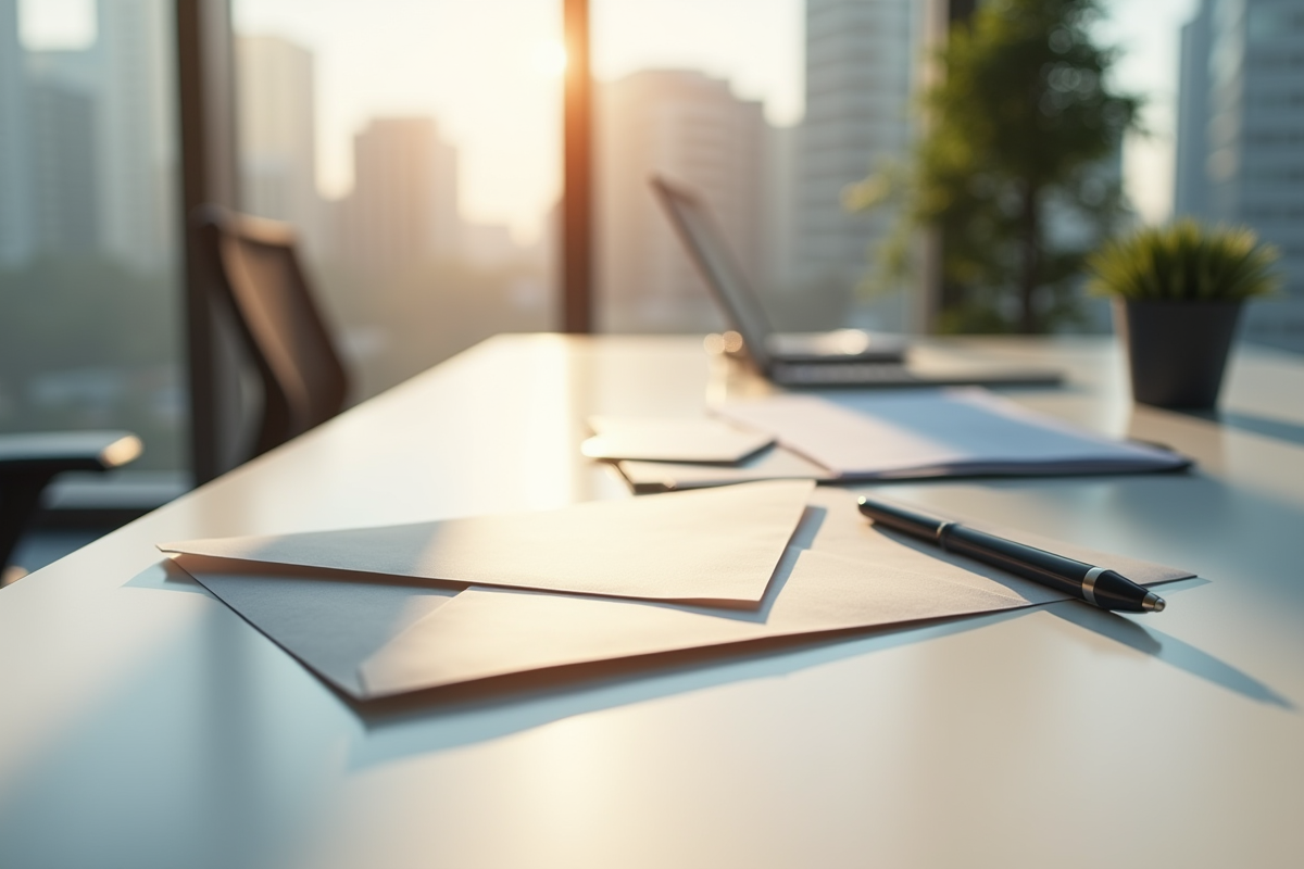Enveloppe ouverte avec documents officiels et stylo sur un bureau moderne