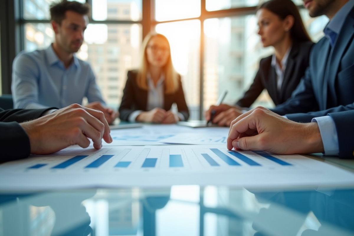 Groupe de professionnels en réunion analysant des documents financiers