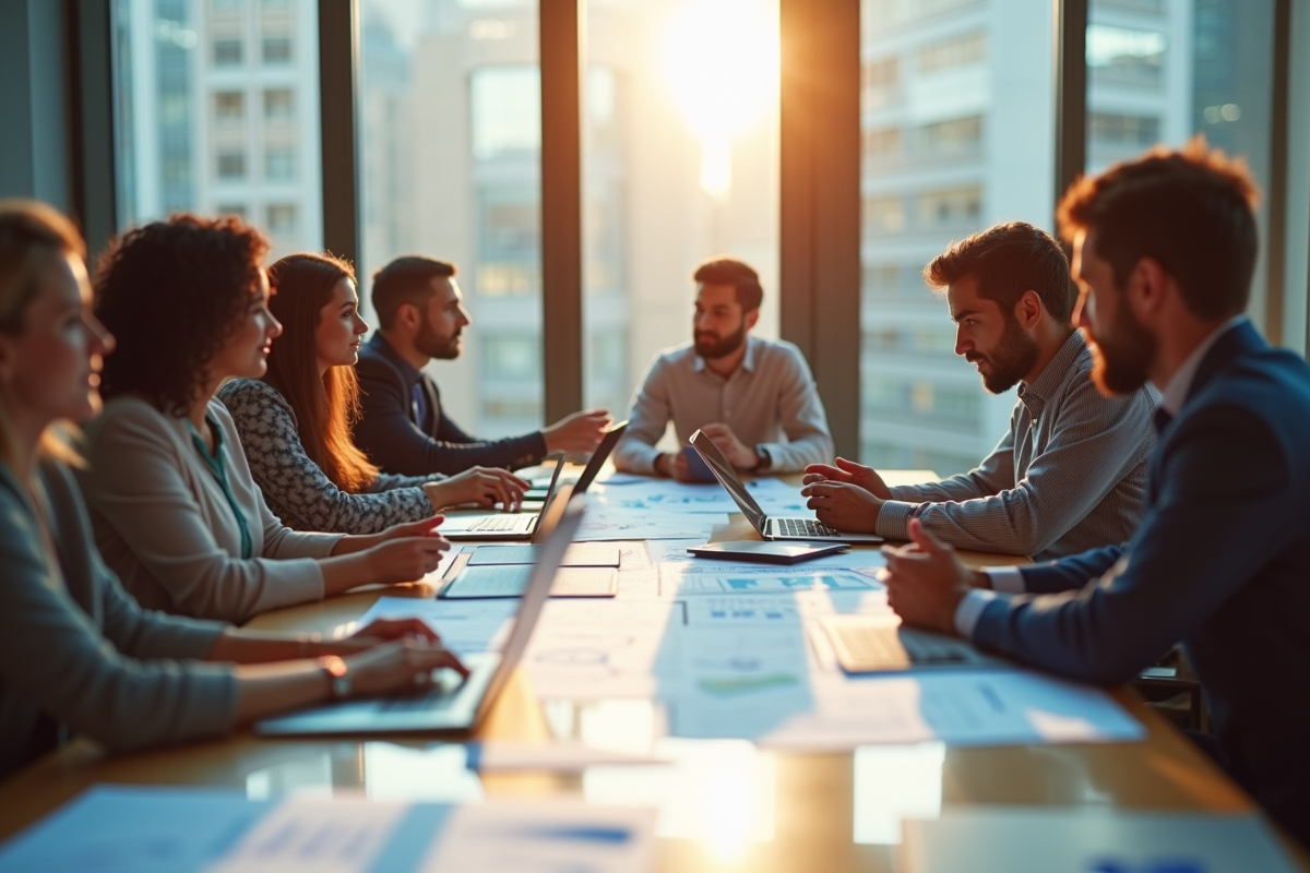 Groupe de professionnels collaborant autour d'une table en réunion