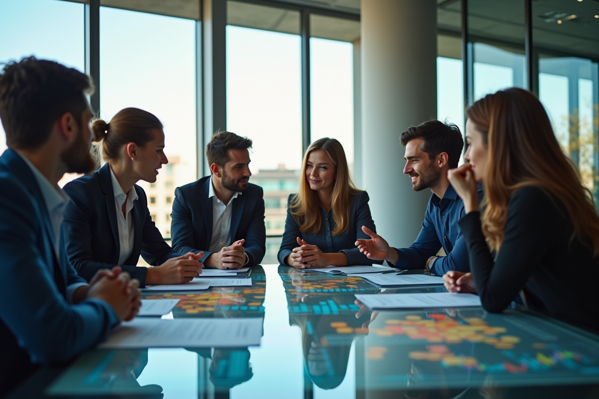 Groupe de jeunes professionnels discutant de graphiques blockchain