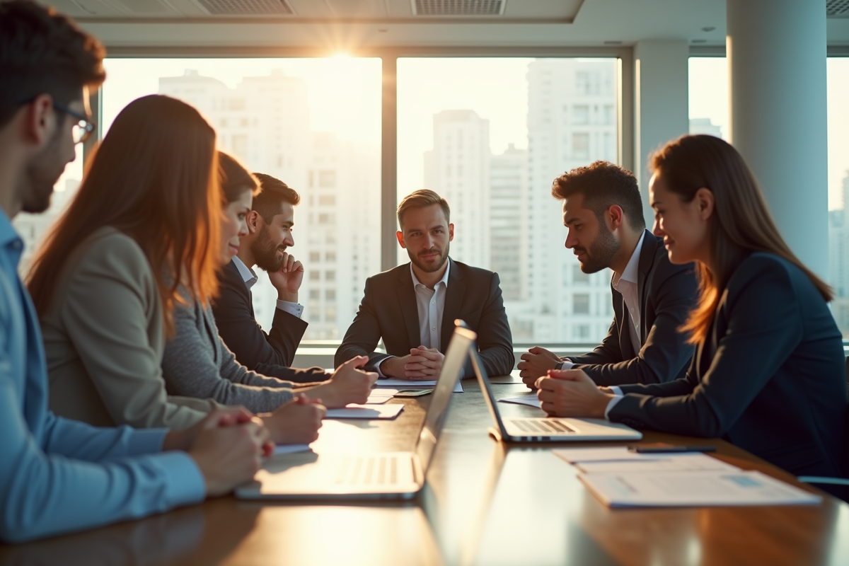 Groupe de professionnels financiers en réunion dans un bureau lumineux