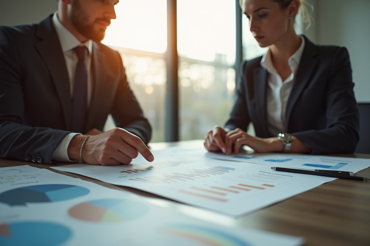 Espace de travail professionnel avec experts financiers analysant des documents