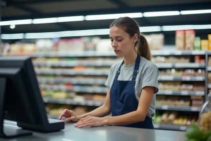 Étudiante travaillant comme caissière dans un supermarché allemand, illustrant le SMIC pour les jobs étudiants en Allemagne