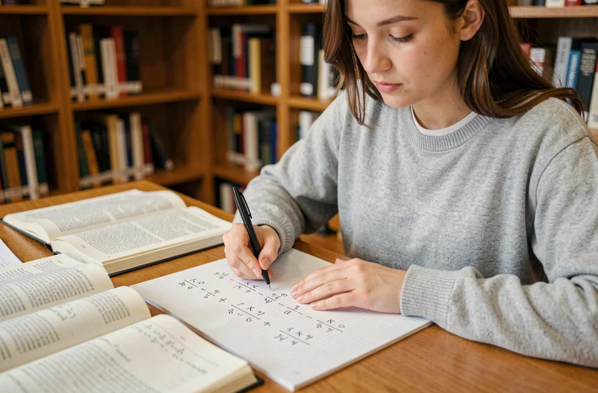 Étudiante calculant un taux d'évolution et un coefficient multiplicateur sur du papier quadrillé dans une bibliothèque universitaire