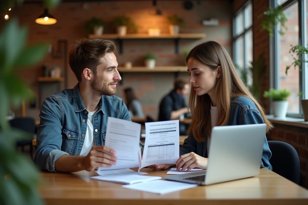 Deux étudiants consultant des fiches de paie et un simulateur de salaire minimum allemand dans un café coworking à Berlin