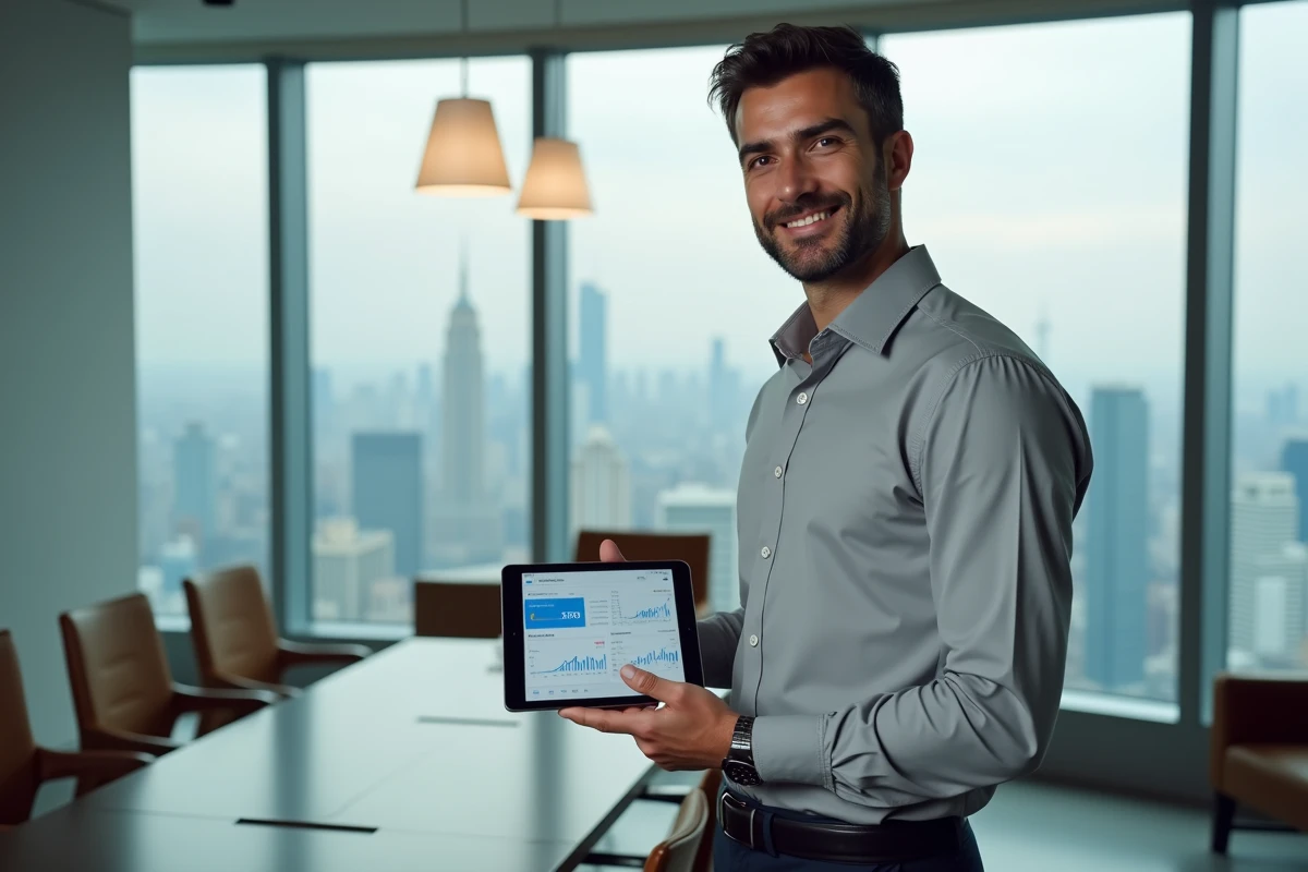 Expert-comptable avec diplôme bac+8 présentant des données salariales dans un bureau en hauteur avec vue sur la ville