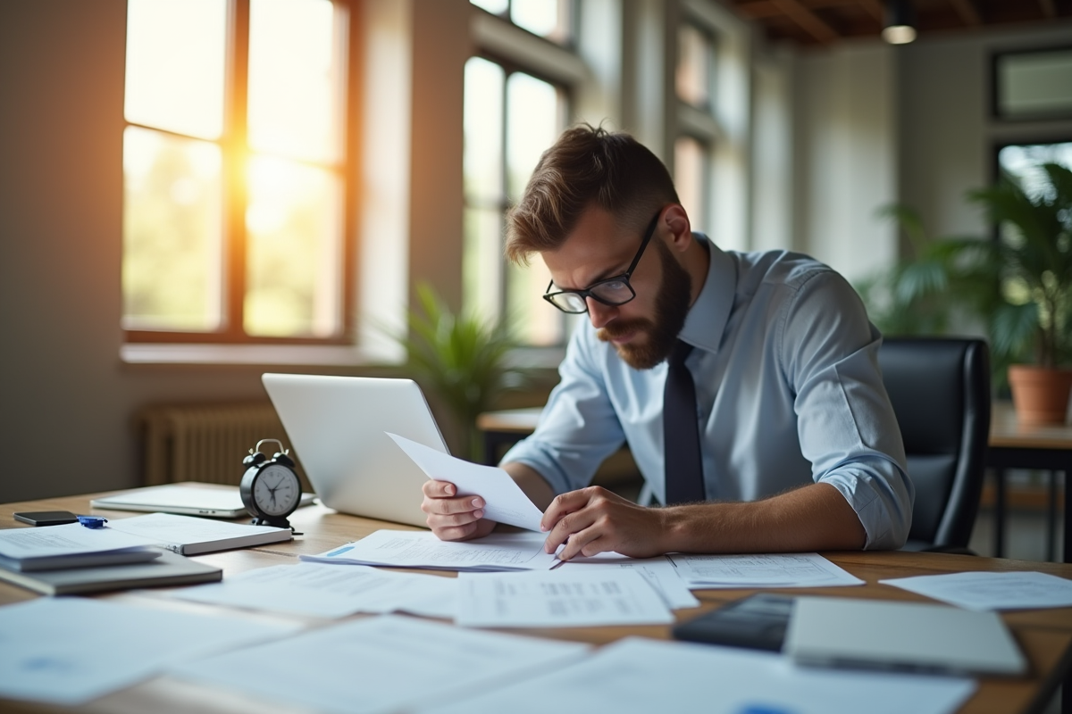 Expert examinant des documents au bureau en lumière naturelle