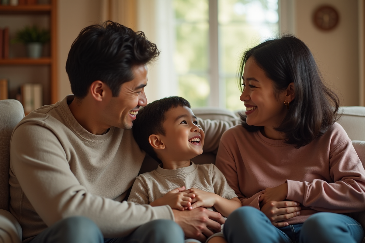 Famille réunie dans un salon chaleureux et apaisant