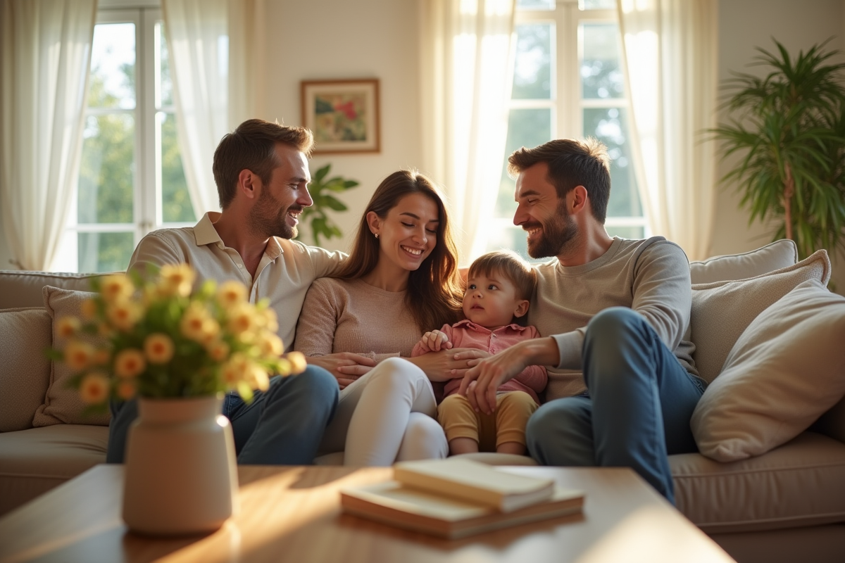 Famille française détendue dans un salon lumineux et cosy
