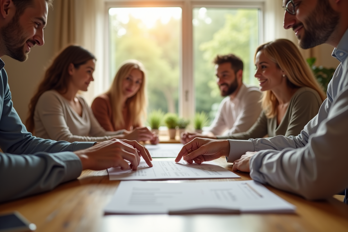 Famille diverse autour d'une table examinant des documents importants
