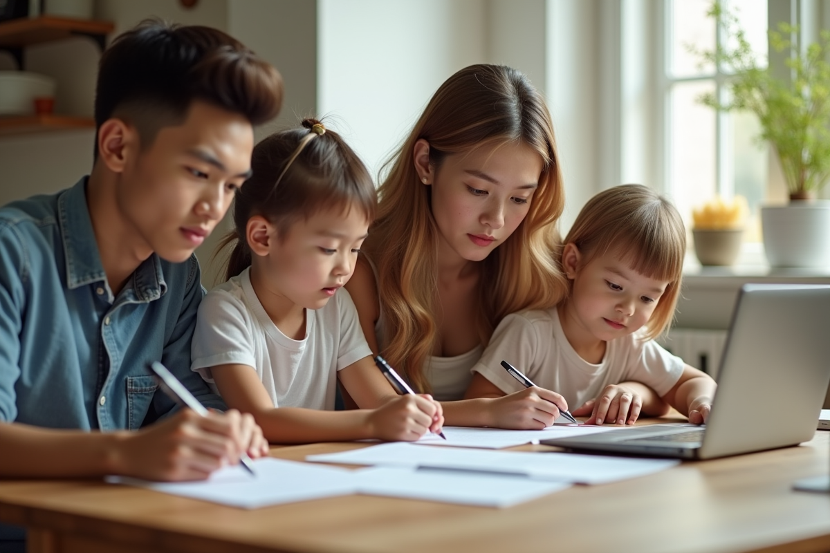 Famille jeune travaillant à la maison avec ordinateur et documents