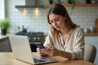 Femme utilisant son smartphone et sa carte bancaire pour effectuer un achat en ligne sur Amazon, contournant l'incompatibilité avec PayPal