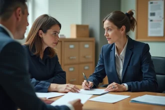 Femme d'âge moyen en blouse navy examine des documents officiels