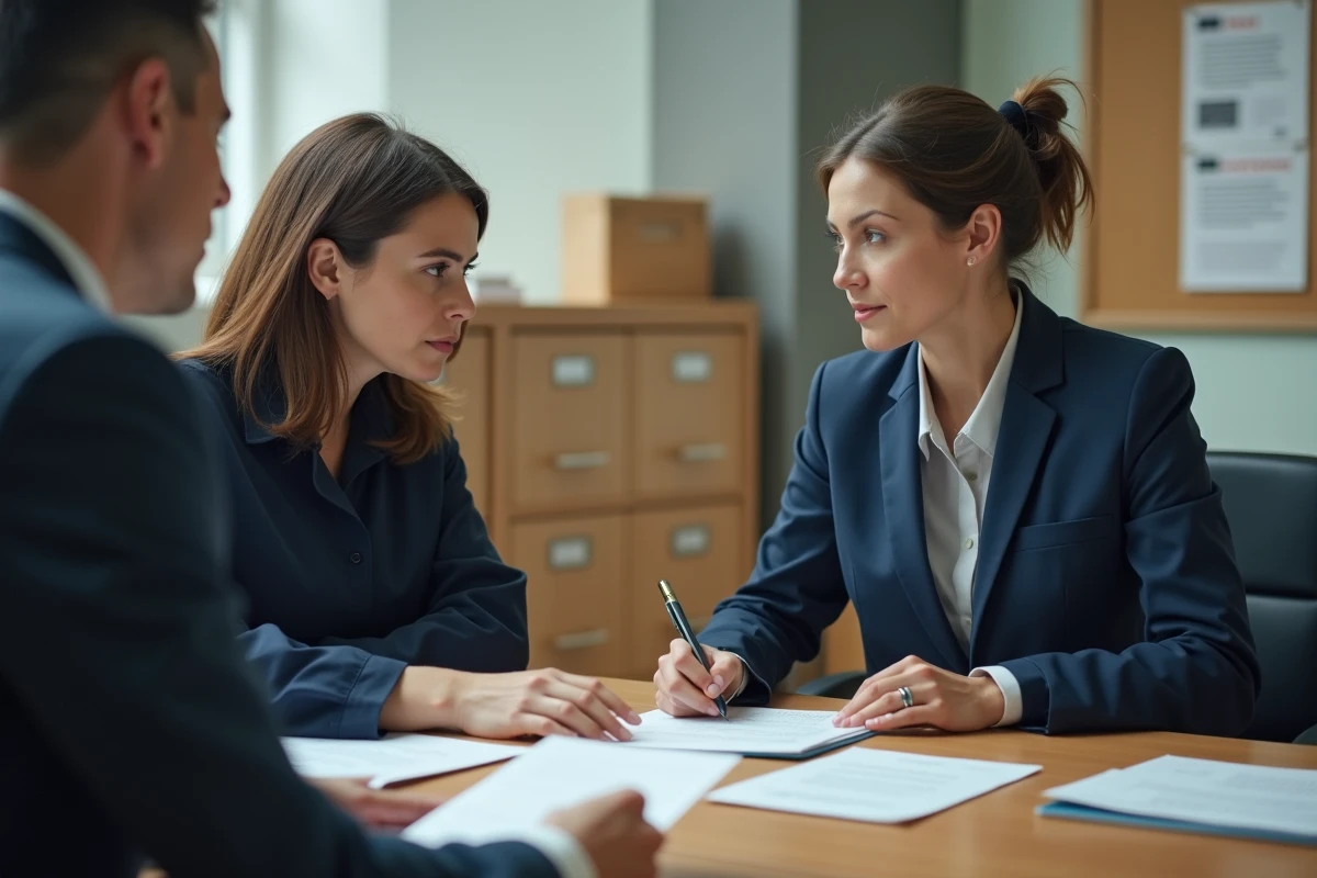 Femme d'âge moyen en blouse navy examine des documents officiels