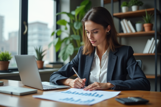 Jeune femme d'affaires examinant des graphiques de ventes