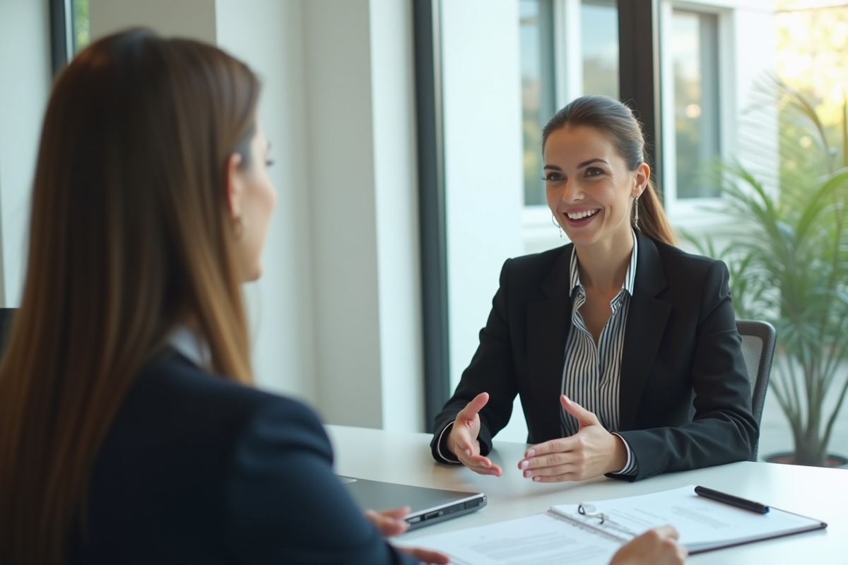 Femme d'affaires confiante dans un bureau moderne discute avec un agent d'assurance