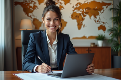 Femme d'affaires en costume bleu dans un bureau moderne