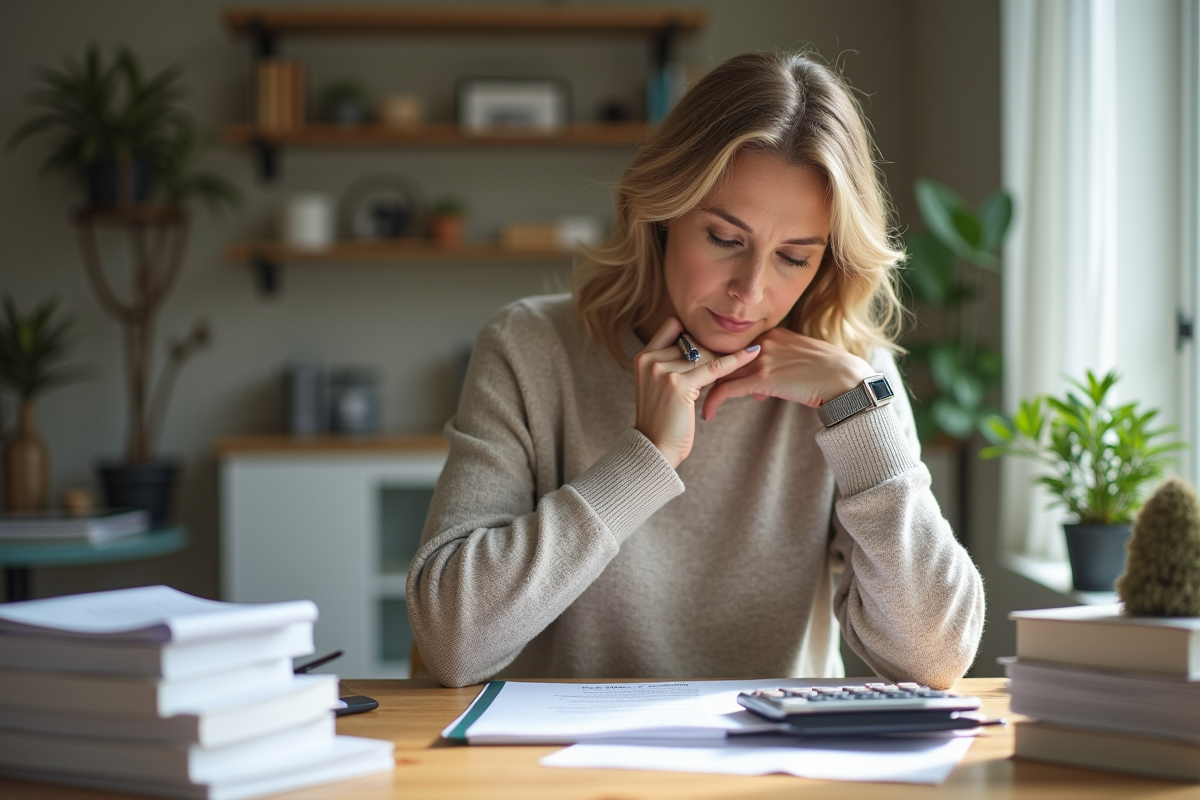 Femme d'affaires examinant des documents immobiliers à la maison
