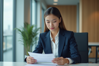 Jeune femme d'affaires en costume bleu examinant un document de prêt