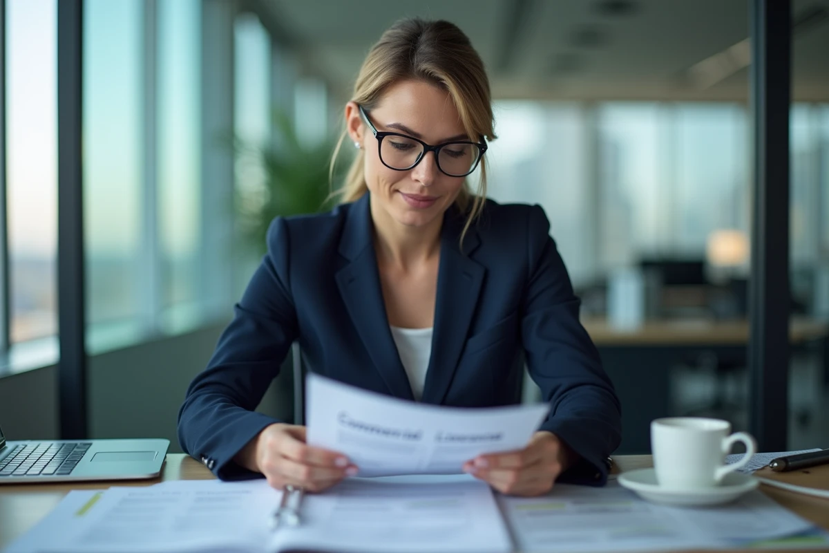 Femme d affaires en revue d un manuel commercial