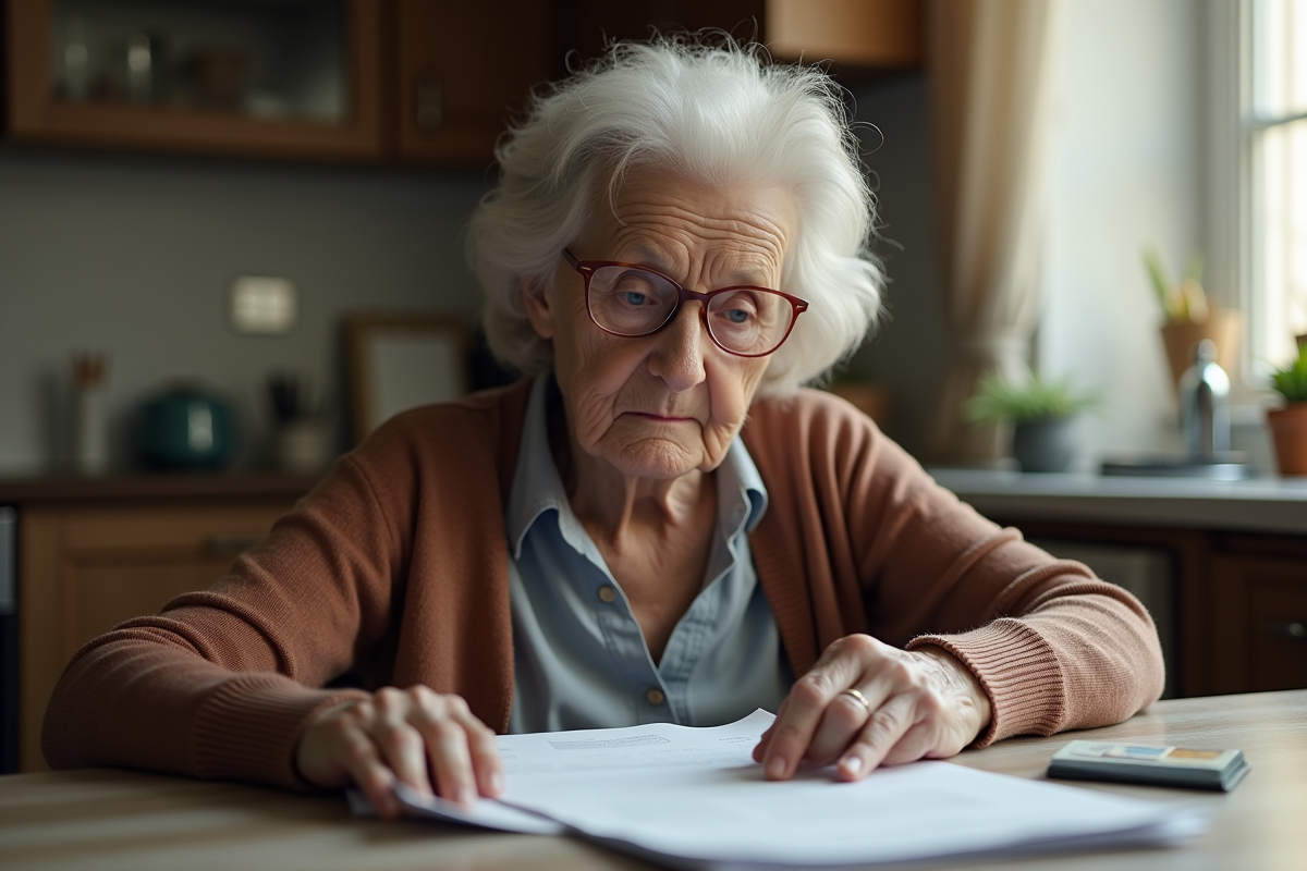 Femme âgée seule à la table avec documents et carte bancaire