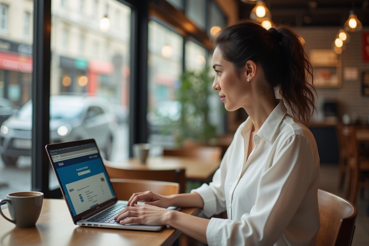 Femme consultant la page d'aide PayPal sur un ordinateur portable dans un café pour trouver un numéro de contact