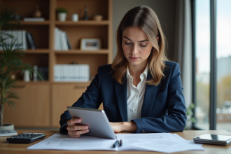 Jeune femme en costume navy analysant des documents de pret immobilier