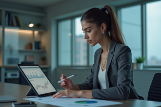 Femme d'affaires analysant des graphiques financiers sur une tablette
