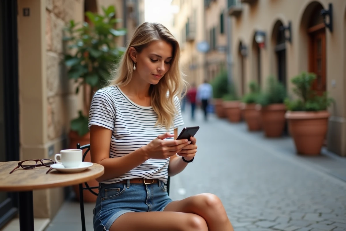 Jeune femme consultant son assurance lunettes sur smartphone dans un café en Europe