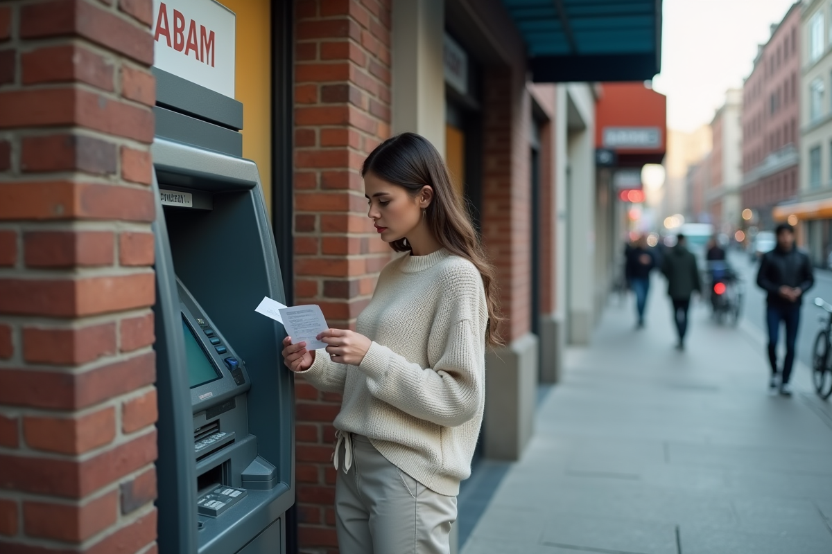 Femme regardant son reçu à un distributeur automatique