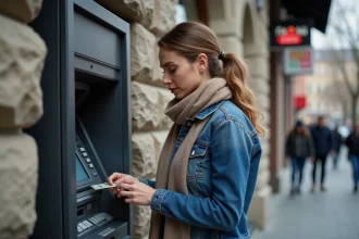 Femme retirant de l'argent à un distributeur en ville